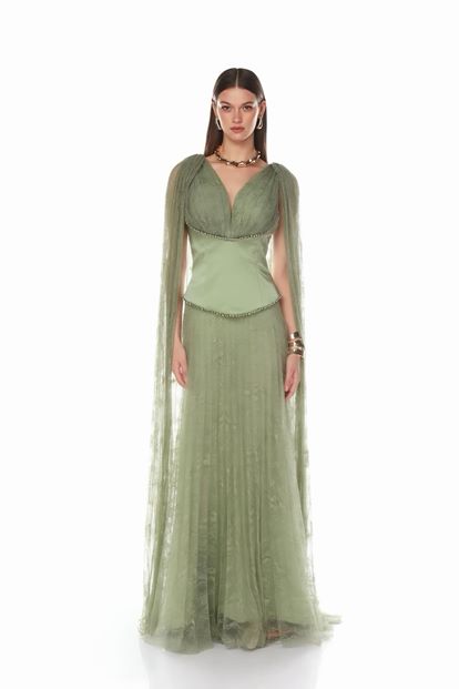 Mint Dantel Pelerinli Abiye Elbise